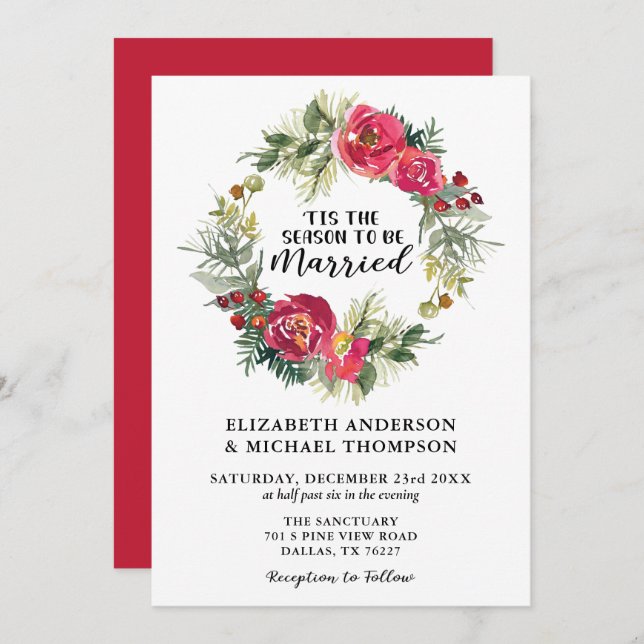 Invitation Mariage de fleurs de fleurs de Noël rouge (Devant / Derrière)