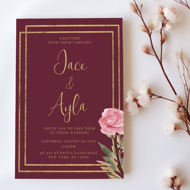 Invitation Mariage de fleurs de menthe rose bordeaux géométri (Geometric burgundy gold pink mint flower Wedding)
