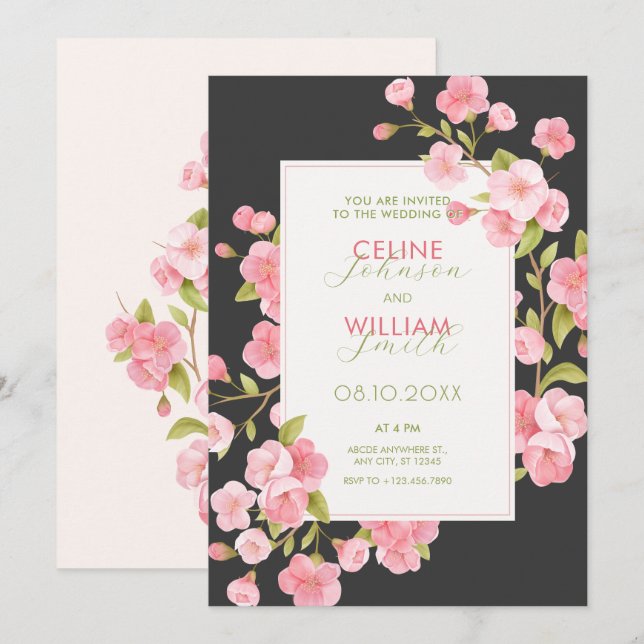 Invitation Mariage de fleurs de sakura rose noir (Devant / Derrière)