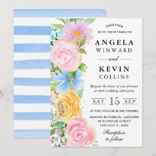 Invitation Mariage de fleurs de saumons rose jaune et bleu