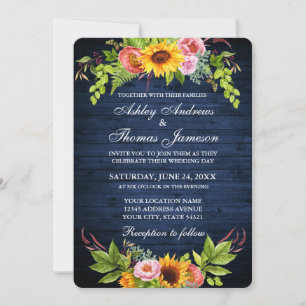 Invitation Mariage de fleurs de tournesol en bois bleu rustiq