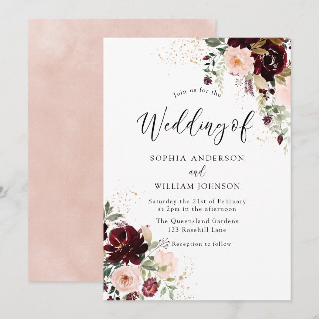 Invitation Mariage de fleurs de vin rouge brun de Bourgogne (Devant / Derrière)