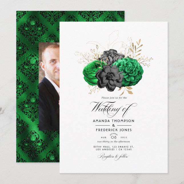 Invitation Mariage de fleurs d'émeraude foncé et d'or (Devant / Derrière)