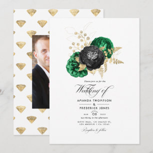 Invitation Mariage de fleurs d'émeraude foncé et d'or
