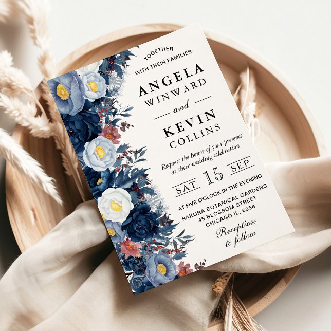 Invitation Mariage de fleurs d'hiver bleu et blanc (Créateur téléchargé)