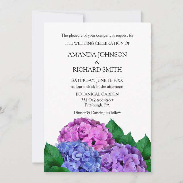 Invitation Mariage De Fleurs D'Hydrangée Bleue Et Rose (Devant)