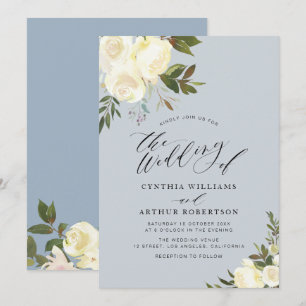 Invitation Mariage de fleurs d'ivoire bleu poussiéreux