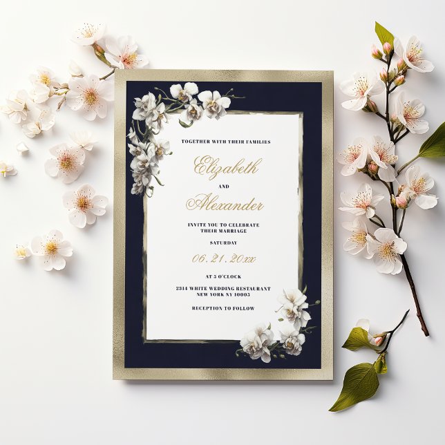 Invitation Mariage de fleurs d'orchidées bleu marine or de lu (Luxury gold navy blue white orchid flower wedding )
