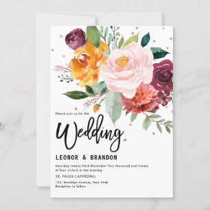 Invitation Mariage de fleurs florales de Bourgogne d'automne
