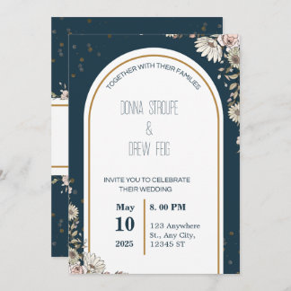 Invitation Mariage de fleurs illustrées bleu marine et crème