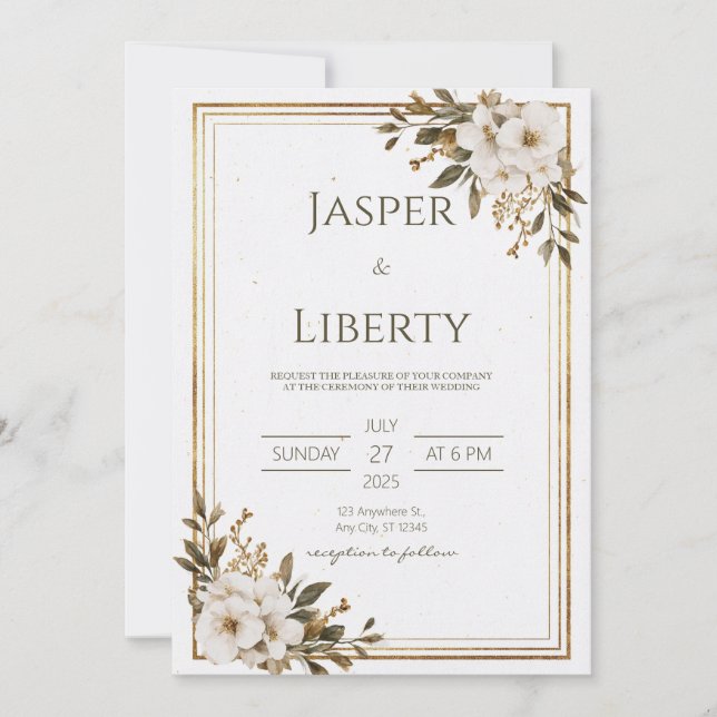 Invitation Mariage de fleurs minimaliste or (Devant)