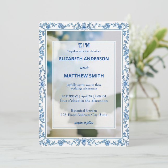 Invitation Mariage de fleurs monogramme classique Elegance Sc (Debout devant)
