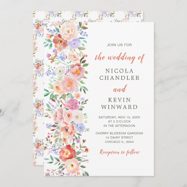 Invitation Mariage de fleurs printanières (Devant / Derrière)