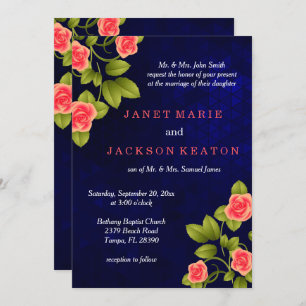 Invitation Mariage de fleurs Rose bleu foncé et corail