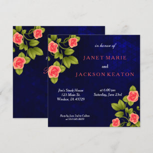Invitation Mariage de fleurs Rose bleu foncé et corail