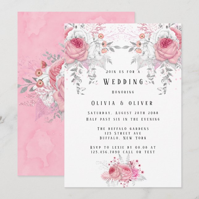 Invitation Mariage de fleurs rose et argent Peony (Devant / Derrière)