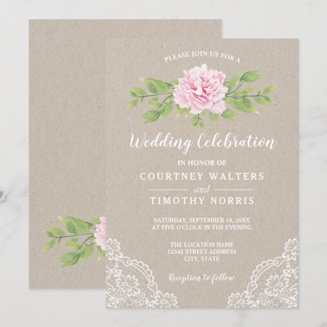 Invitation Mariage de fleurs roses Rustiques en dentelle Kraf (Devant / Derrière)