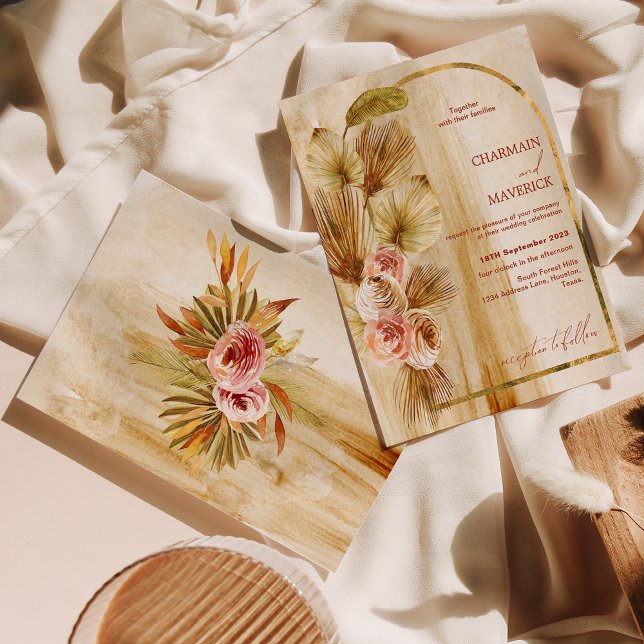 Invitation Mariage de fleurs séchées à l'or antique Arché Boh (Créateur téléchargé)