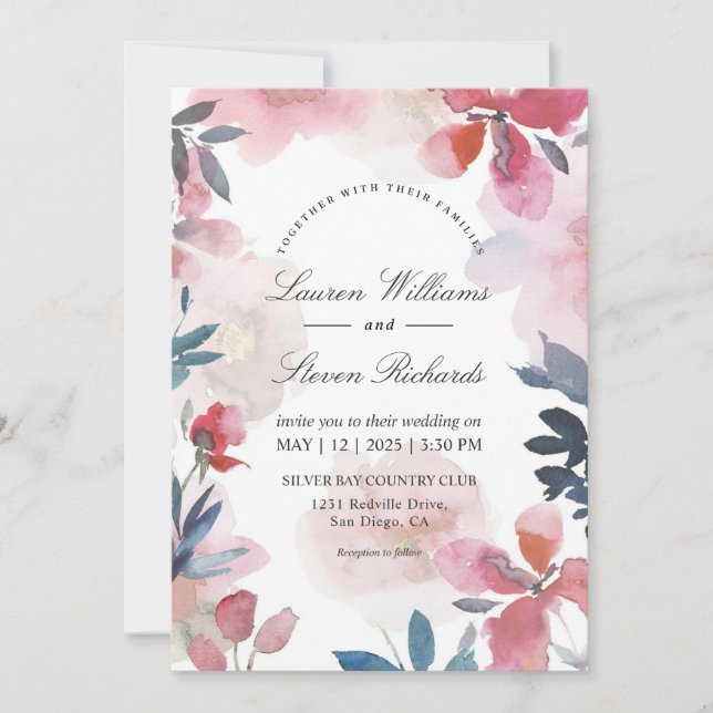Invitation Mariage de fleurs transparentes bleu rose blanc pe (Devant)