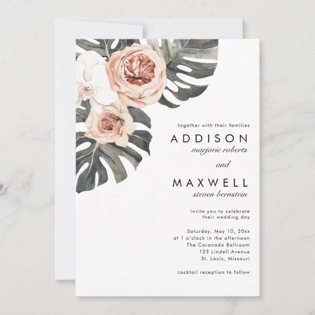 Invitation Mariage de fleurs tropicales de Monstera (Devant)