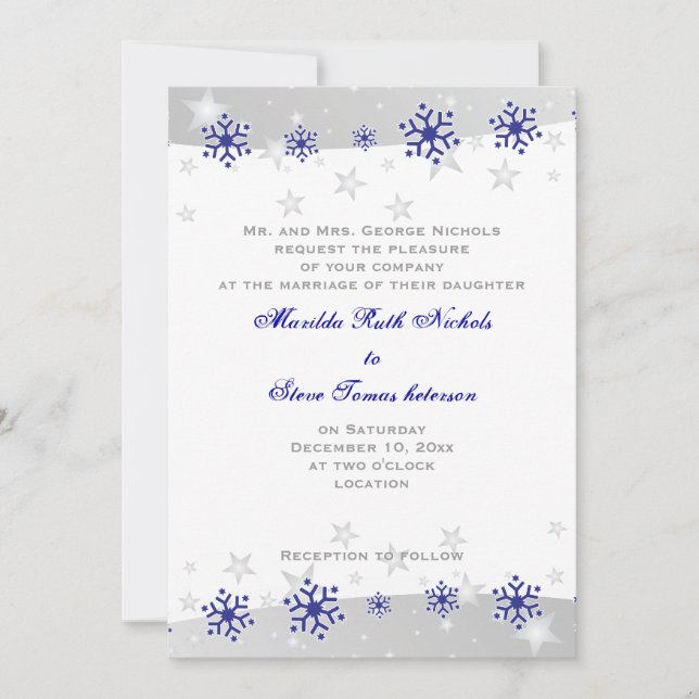Invitation Mariage de flocon blanc gris bleu argenté (Devant)