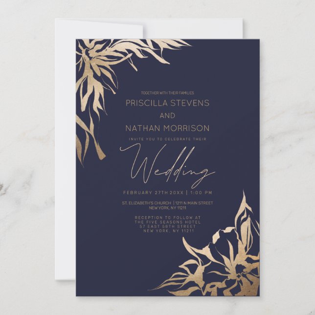 Invitation Mariage de Flore d'or de la marine moderne (Devant)