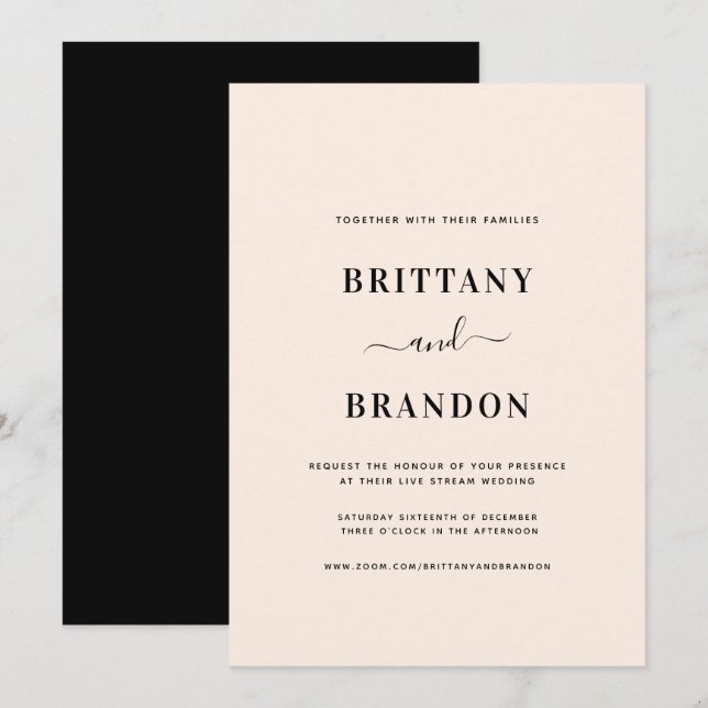 Invitation Mariage de flux en direct noir rose pâle minimalis (Devant / Derrière)