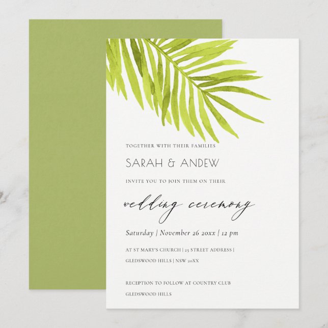 INVITATION MARIAGE DE FOLIER EN FEUILLE DE PALMIER VERT (Devant / Derrière)