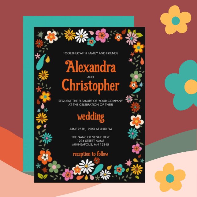 Invitation Mariage de fond noir inspiré des années 70 Funky (Créateur téléchargé)