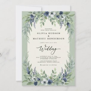 Invitation Mariage de forêt à l'aquarelle bleu marine et saug