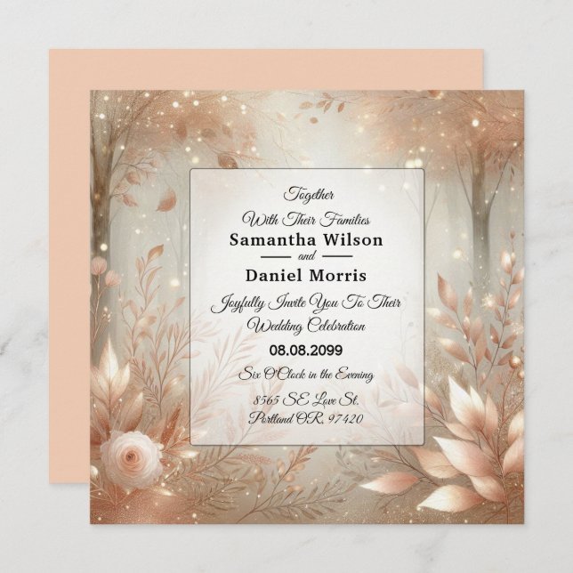 Invitation Mariage de forêt enchantée en bois de rose doré (Devant / Derrière)