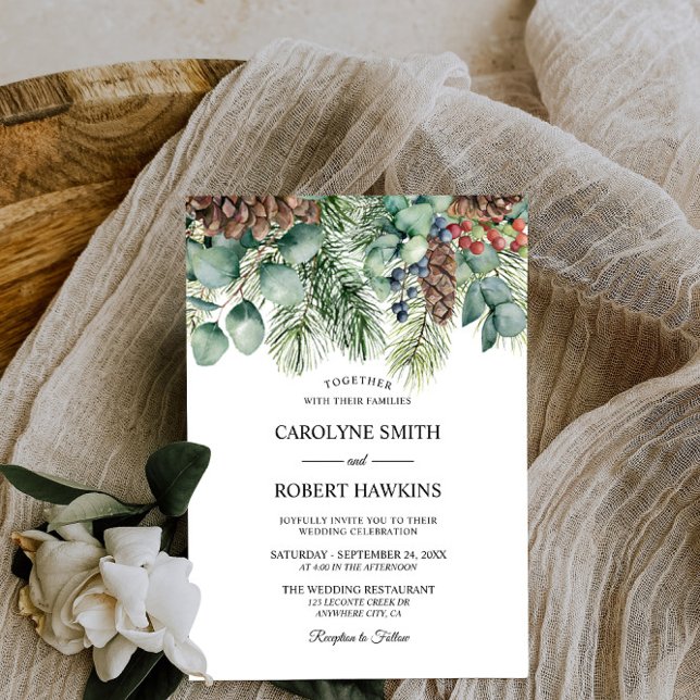 Invitation Mariage de forêt rustique d'hiver et de pins (Créateur téléchargé)