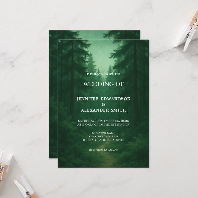 Invitation Mariage de forêt rustique vert foncé (Devant/Arrière en situation)