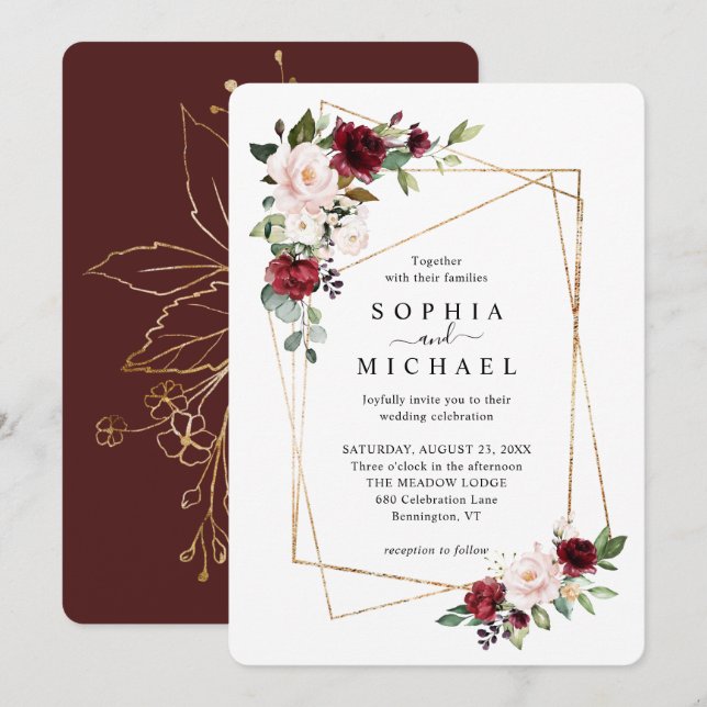 Invitation Mariage de forme géométrique flush et vin Floral o (Devant / Derrière)