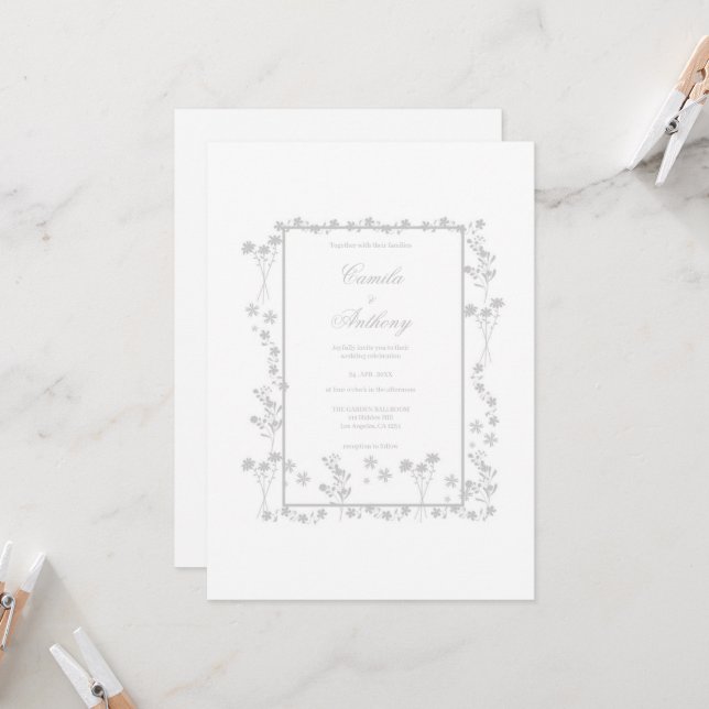 Invitation Mariage de frontière florale argent (Devant/Arrière en situation)