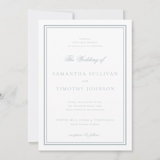Invitation Mariage de frontière gris bleu classique français (Devant)