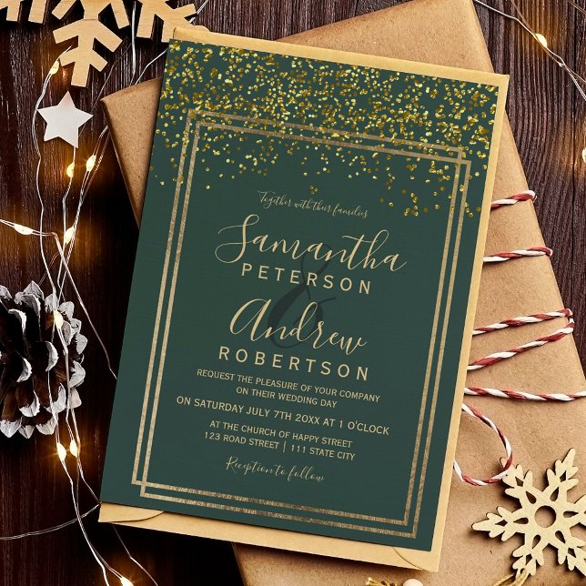 Invitation Mariage de frontière vert confetti en or chic (Chic gold confetti green border wedding invitation)
