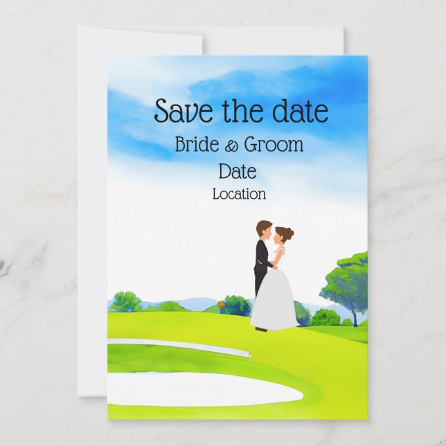 Invitation Mariage de golfeur Mariée et marié sur le parcours (Devant)