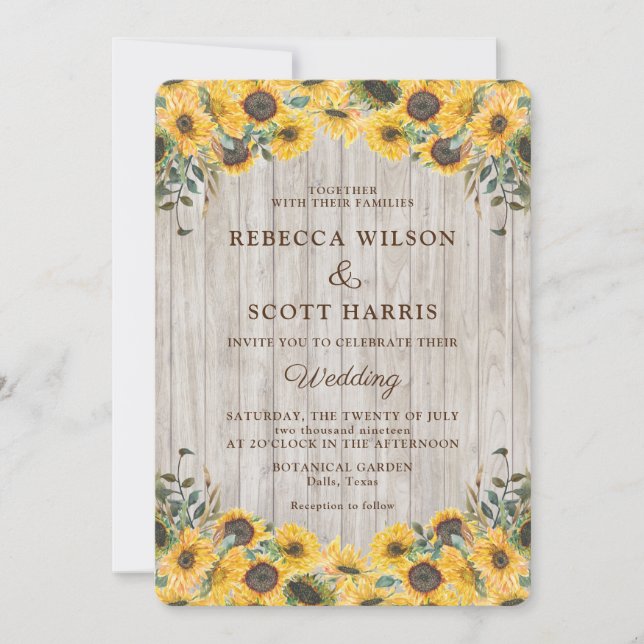 Invitation Mariage de grange de tournesol rustique en bois (Devant)