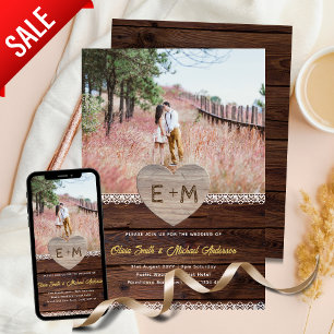 Invitation Mariage de grange   Rustic Wood Lace Photo Heart L