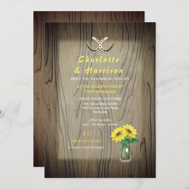 Invitation Mariage de grange tournesolPays rustique (Devant / Derrière)