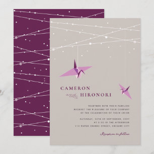 Invitation Mariage de grues et feux de fée en papier violet