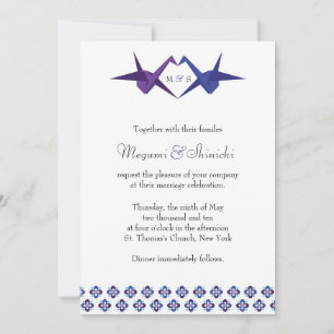 Invitation Mariage de grues Origami (bleu et violet)