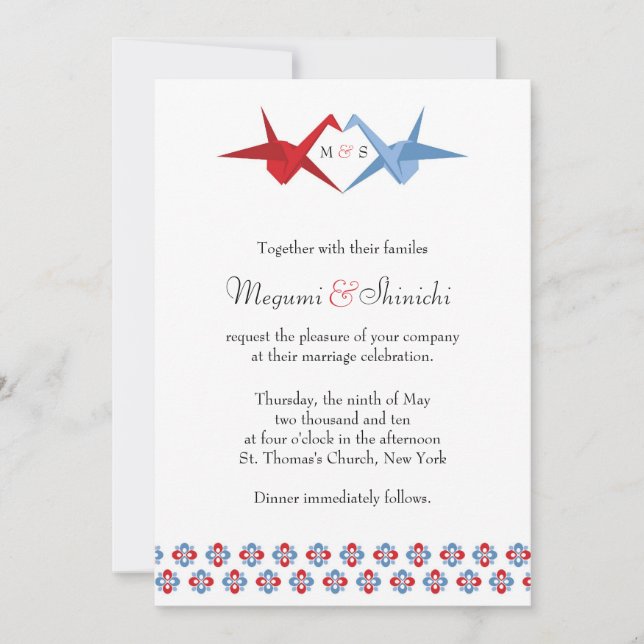Invitation Mariage de grues Origami (Scarlet + Bleu C) (Devant)