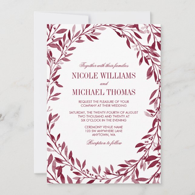 Invitation Mariage de guirlande de laurier d'aquarelle de (Devant)