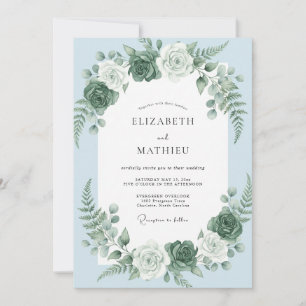 Invitation Mariage de guirlande florale romantique bleu ciel