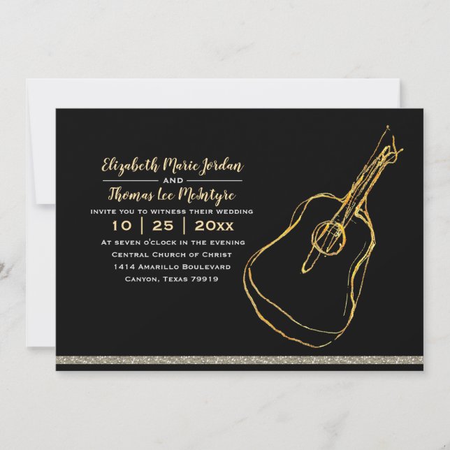 Invitation Mariage de guitare en or noir (Devant)