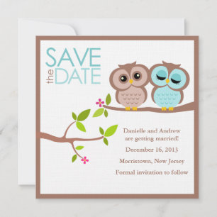 Invitation Mariage de Hiboux Brun et Aqua Enregistrer la Date