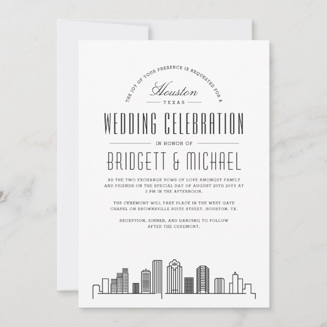 Invitation Mariage de Houston | Ligne Skyline Déco Moderne (Devant)