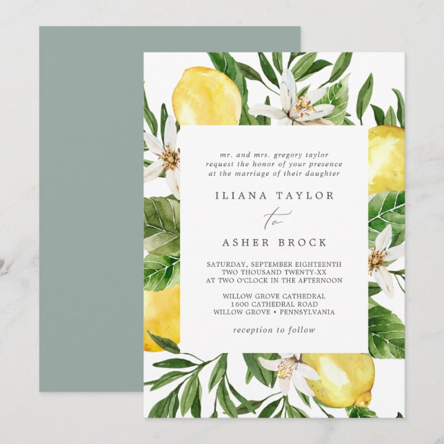 Invitation Mariage de jardin de citron moderne (Devant / Derrière)